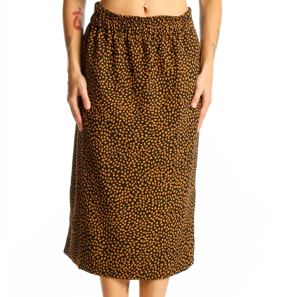 J. Crew Black & Tan Polka Dot Midi Skirt Stretchy Pinup Career Preppy Size M